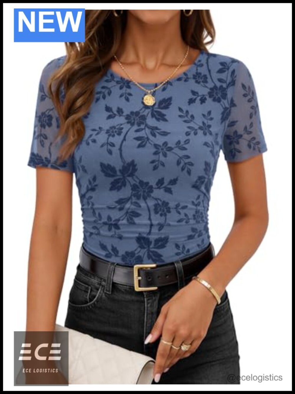 Women's Short Sleeve Floral Jacquard Mesh Blouse Slim Fit Dressy Casual Top